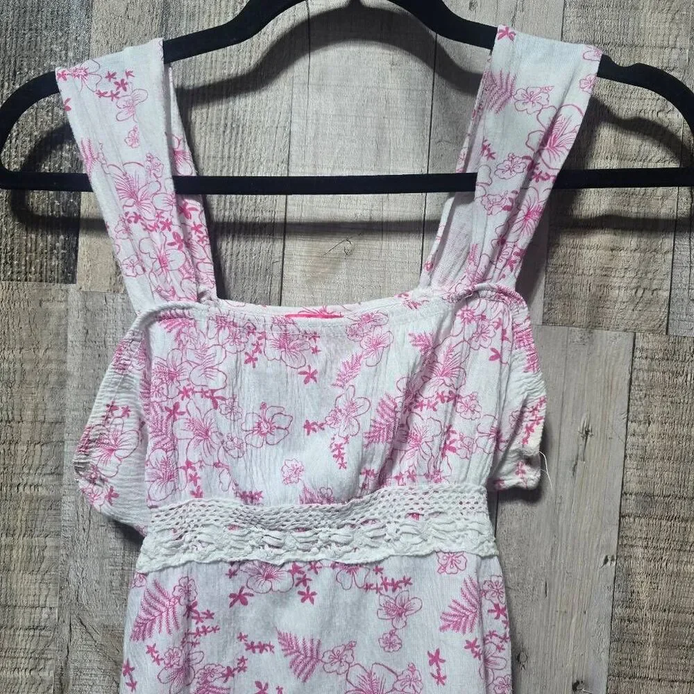 Red Paint Vintage Y2K Pink White Floral Peasant Tank Top Large Hawaii Coastal - Picture 2 of 4